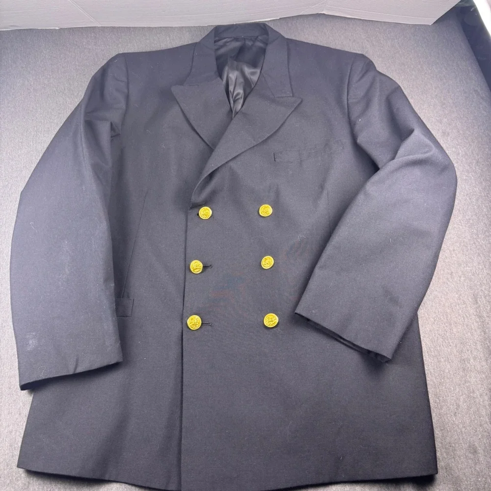 Vintage Mens Navy Blue Double Breasted Blazer Gold Eagle‎ Crest Buttons Nautical